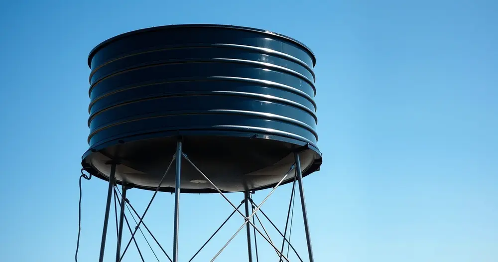 Caixa d'água elevada em propriedade rural abastecida por sistema de bombeamento de poço