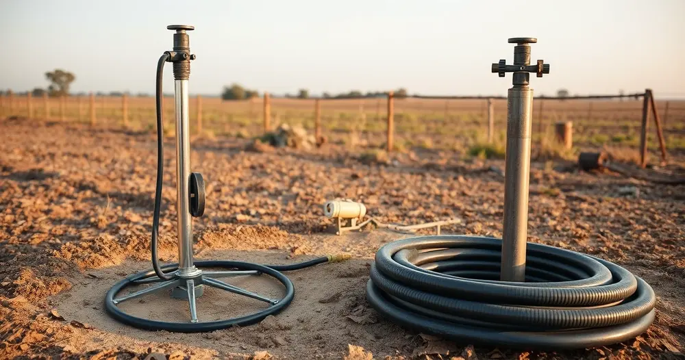 Bomba submersa e tubulação de recalque preparadas ao lado do poço antes da instalação