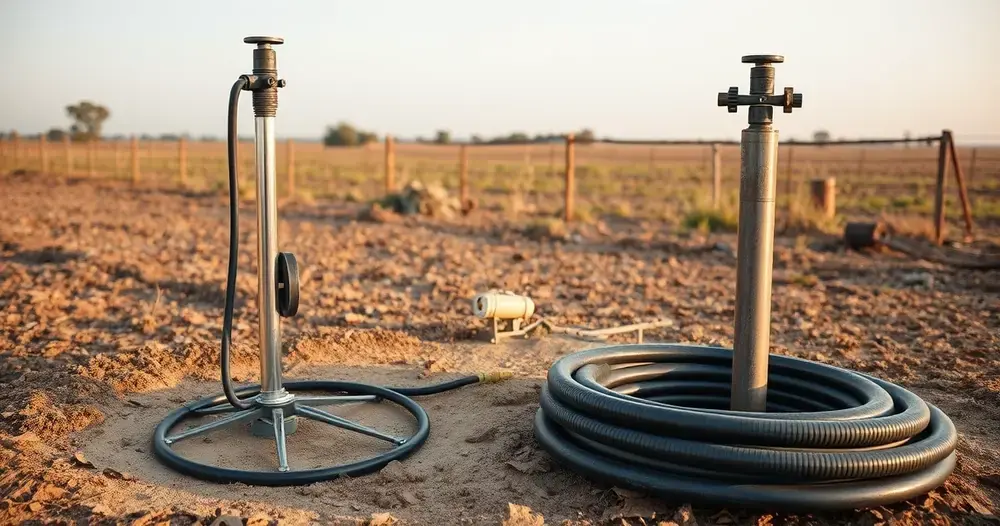 Bomba submersa e tubulação de recalque preparadas ao lado do poço antes da instalação
