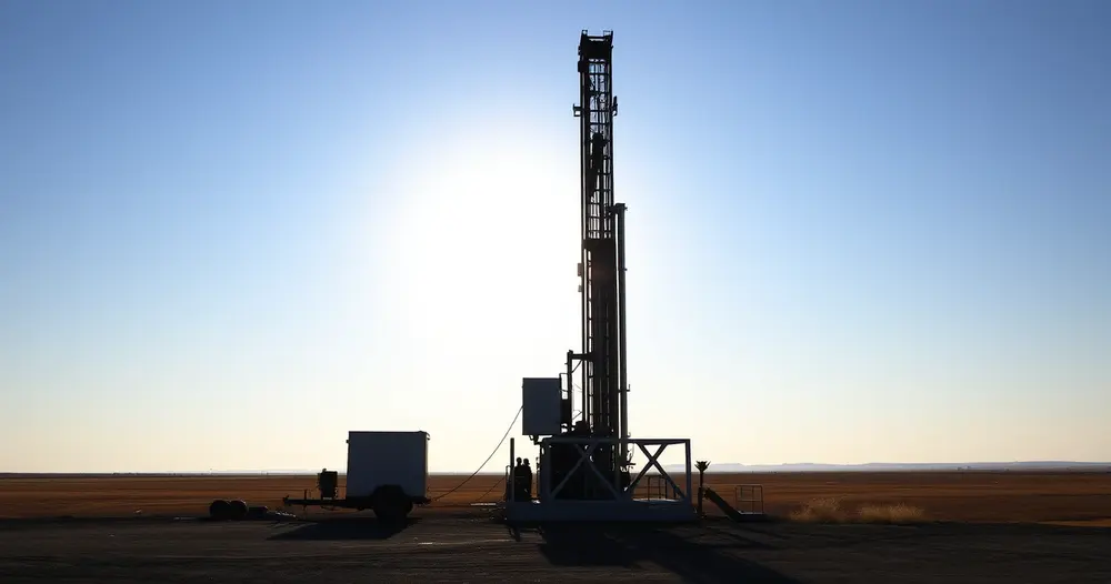 Equipamento de perfuração de poço tubular montado em terreno aberto durante o dia