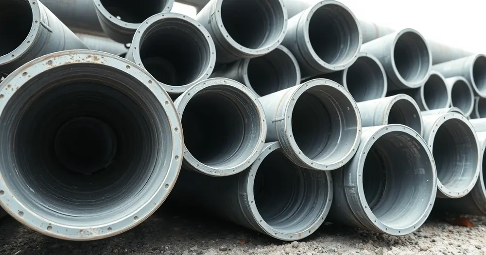 Tubos de revestimento para poço tubular empilhados ao lado do equipamento de perfuração