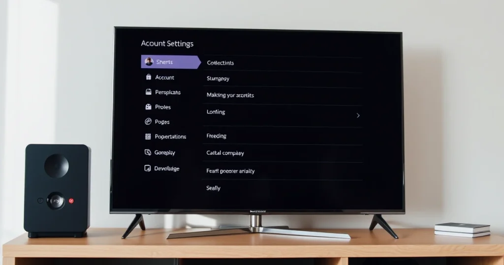 tela de televisão exibindo menu de configurações de conta